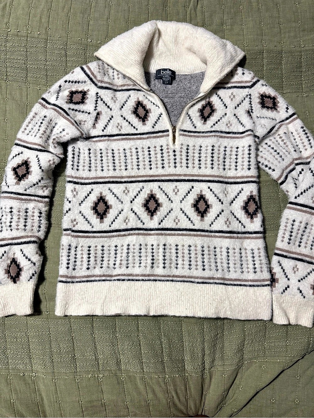 belle by belldini Women's Geometric Cowl Neck Sweater Small Cream Gray